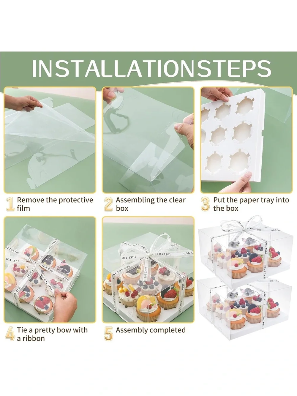 Clear Cupcake Gift Box with White Ribbon - 2 sets of five containers (